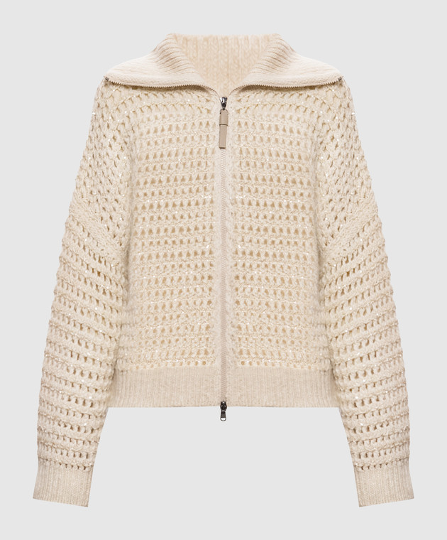 Brunello Cucinelli Бежевий ажурний кардиган з паєтками MGO378806