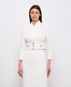 Alessandra Rich Белый твидовый укороченный жакет с пайетками FABX4326F4702