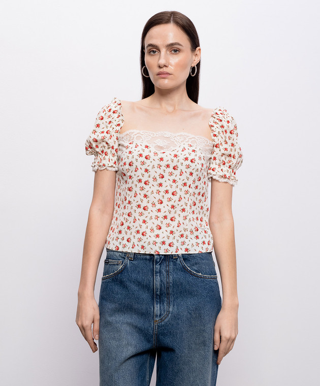 Dolce&Gabbana Білий топ із шовком в принт з мереживом F7BK1TFSA79 зображення 3