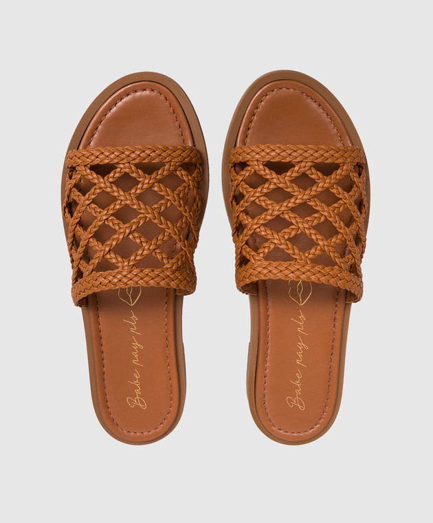 Babe Pay Pls Коричневі шкіряні шльопанці з плетінням SLIPY зображення 4