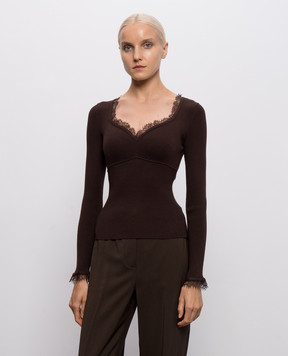 Twinset Коричневый джемпер в рубчик с кружевом 262TP3390