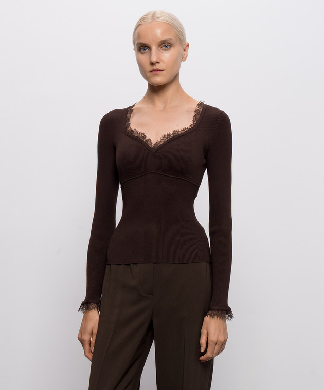 Twinset Коричневый джемпер в рубчик с кружевом 262TP3390 изображение 3