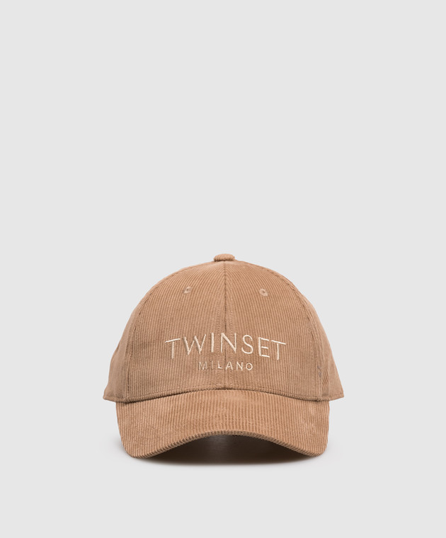 Twinset Коричнева вельветова кепка з вишивкою логотипа 262TA4120
