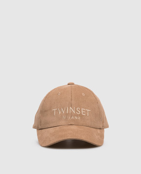 Twinset Коричнева вельветова кепка з вишивкою логотипа 262TA4120