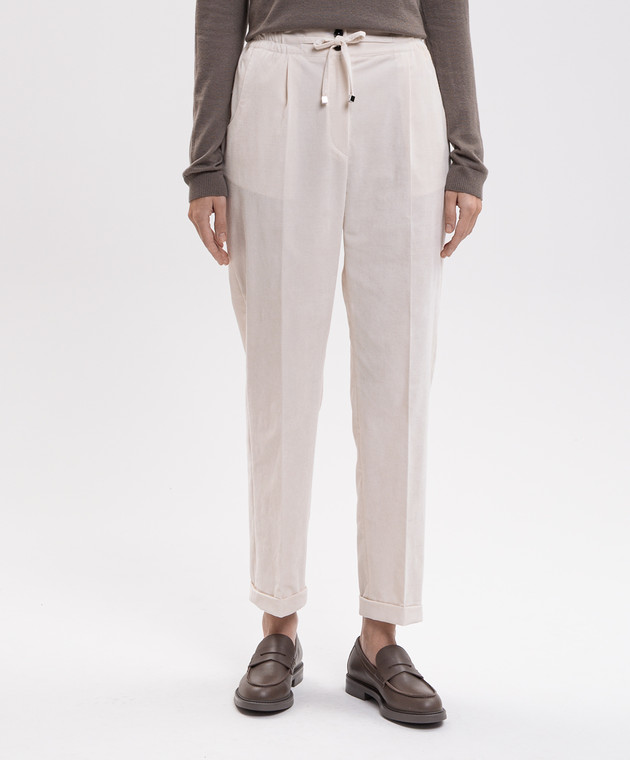Kiton Велюровые штаны цвета айвори с отворотами D53116K0591I изображение 3