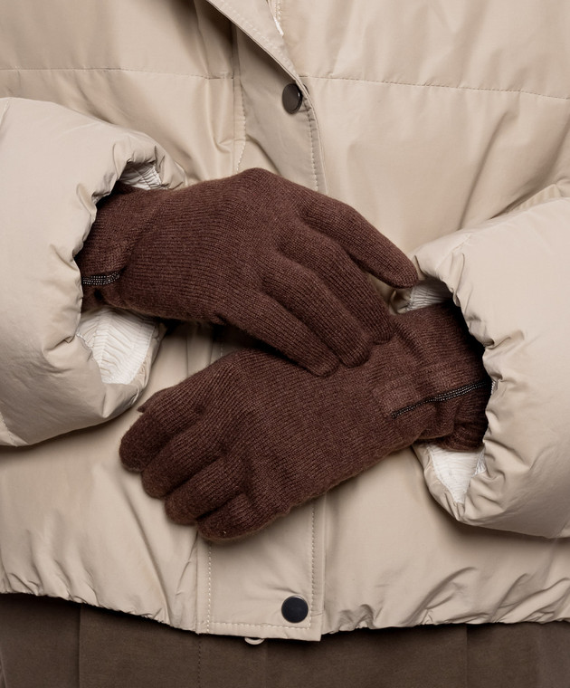 Brunello Cucinelli Коричневі рукавички з кашеміру з ланцюжком моніль M12147189 зображення 2