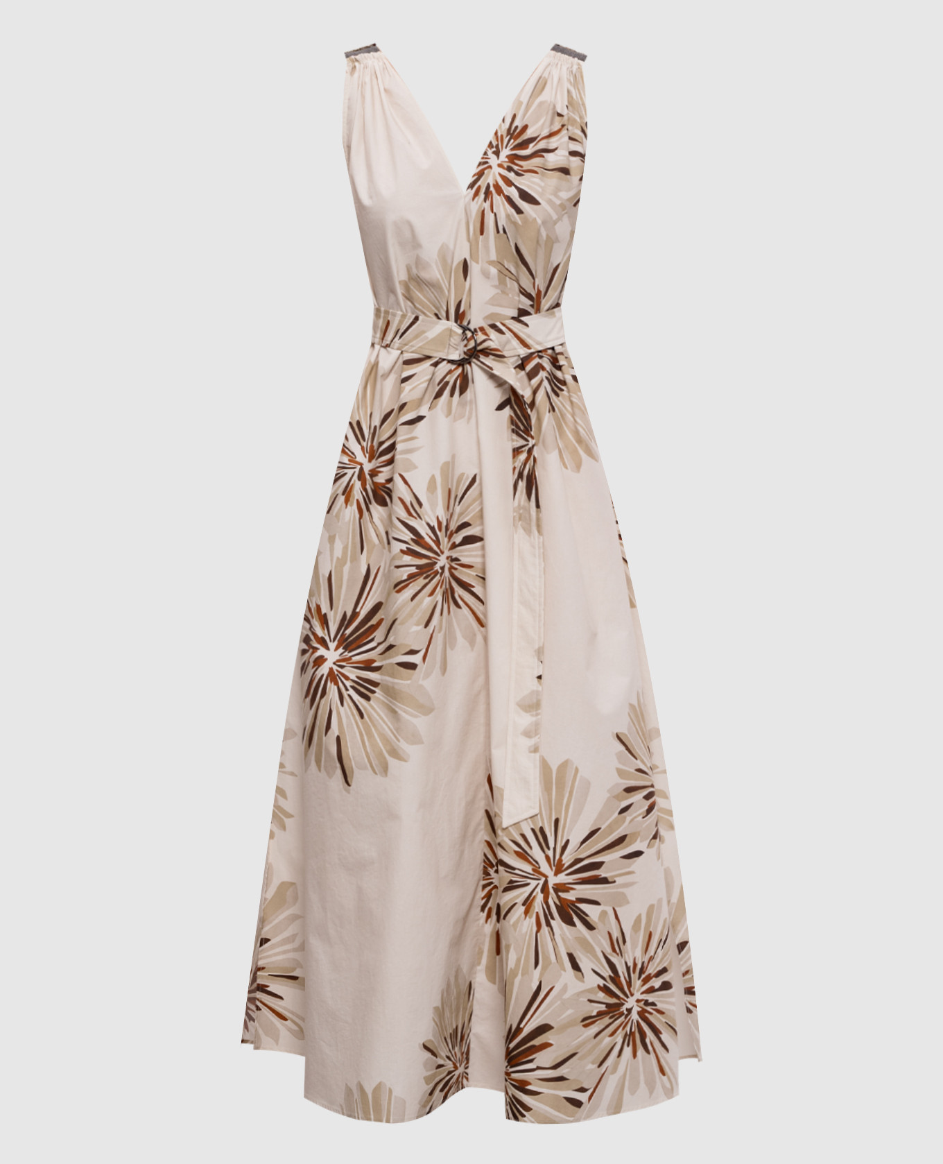 Бежевое платье миди в цветочный принт