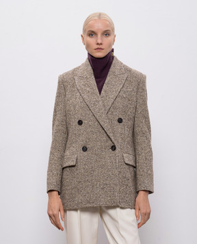 Brunello Cucinelli Коричневый двубортный жакет с шерстью и шелком с цепочкой мониль MG5307521