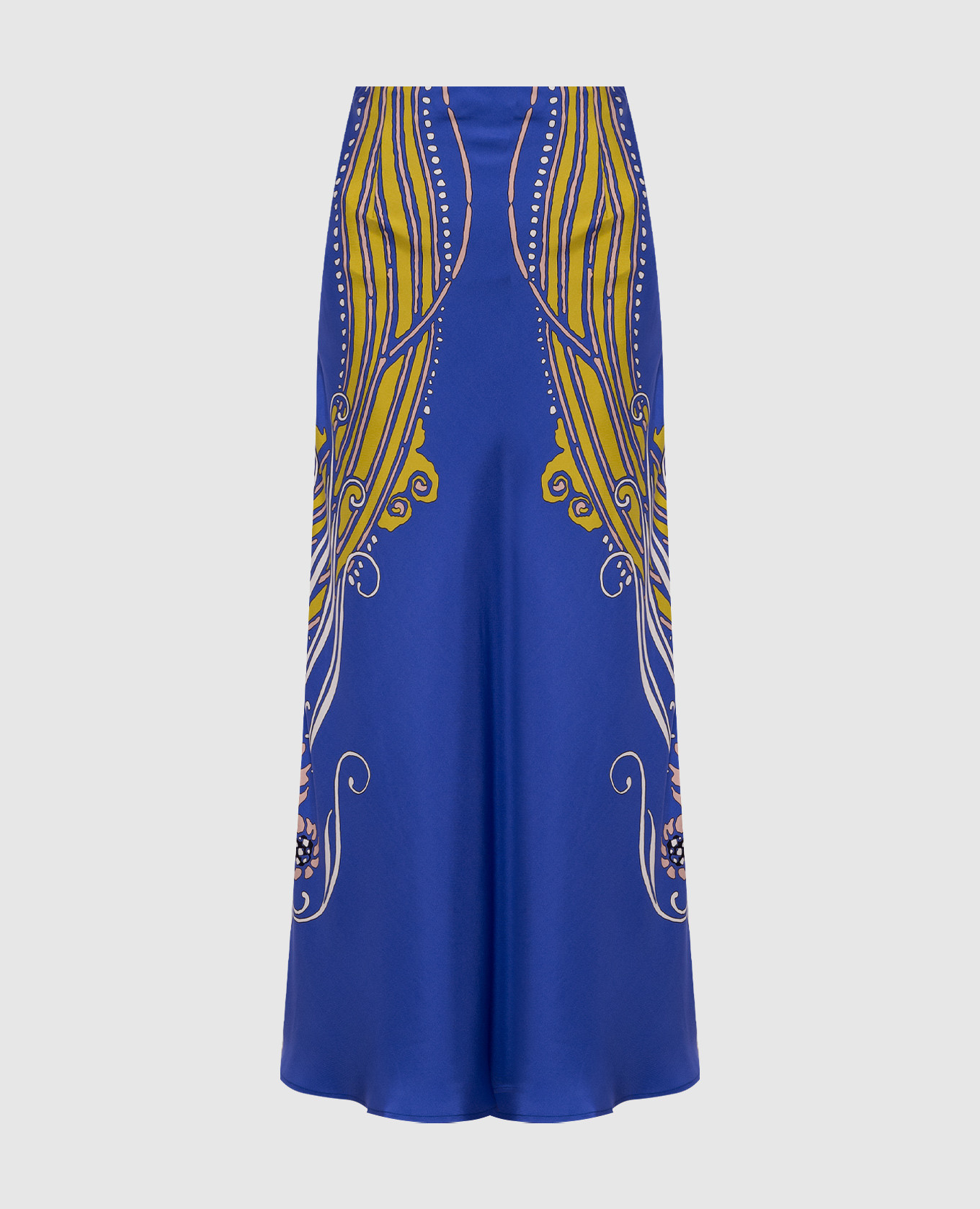 Синя спідниця максі із шовку в принт