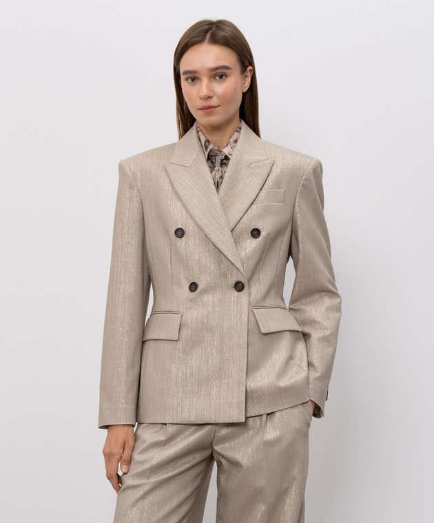 Brunello Cucinelli Бежевий двобортний жакет з люрексом MG5177241P зображення 3