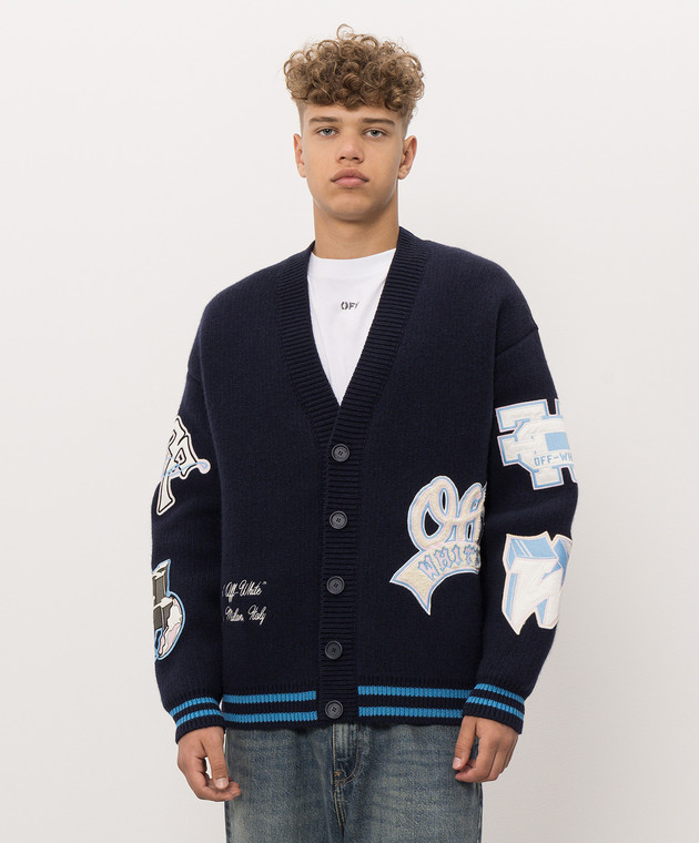 Off-White Синій кардиган з вовни з брендовими нашивками 44MHB019F26K002 зображення 3