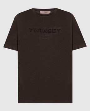 Twinset Коричневая футболка с фактурным логотипом 262TP2303