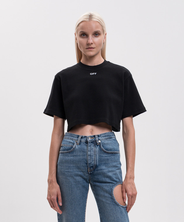Off-White Черная укороченная футболка в рубчик 2FA00678T изображение 3