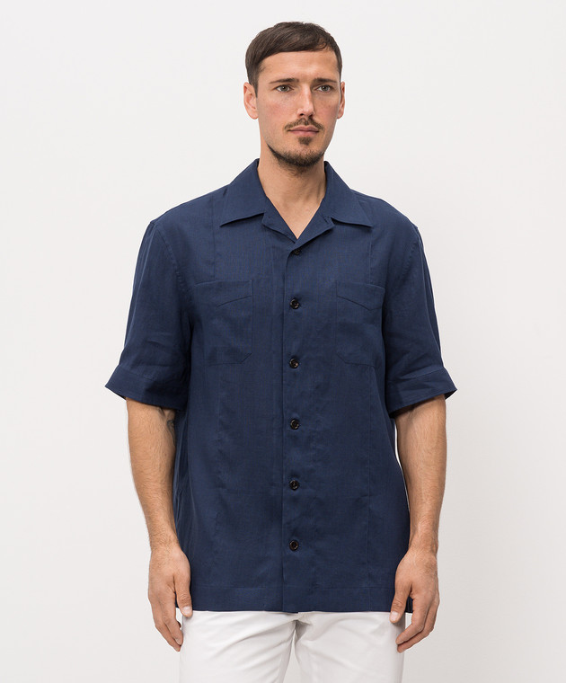 Brunello Cucinelli Синя сорочка з льону з короткими рукавами MM6840619 зображення 2