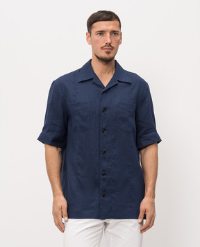 Brunello Cucinelli Синя сорочка з льону з короткими рукавами MM6840619