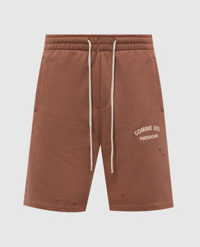Comme des Fuckdown Коричневі шорти з принтом логотипа та проріхами FMS6CFABM01925