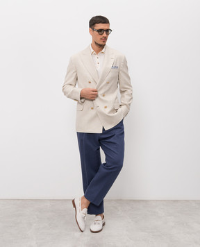Brunello Cucinelli Бежевый двубортный блейзер из шерсти, шелка и льна MZ4197BPDG