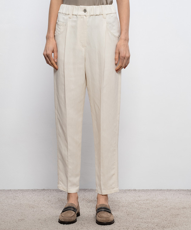 Brunello Cucinelli Штани кольору айворі з льоном MH126P9148 зображення 3