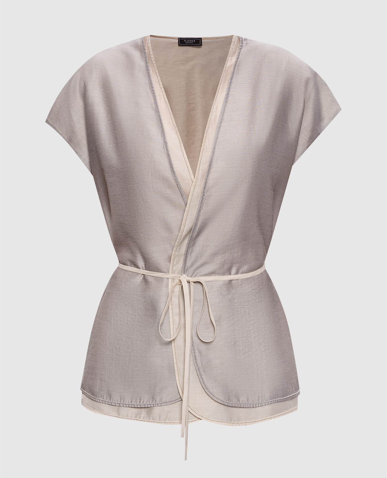 Сірий кардиган на запах з ланцюжком моніль