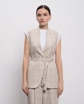 Peserico Сірий жилет в клітинку з льону A03030A02638
