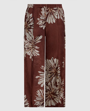 Brunello Cucinelli Коричневые брюки из шелка в принт MQ967P9229