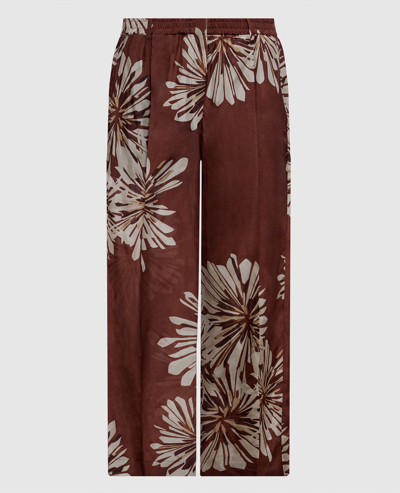 Коричневые брюки из шелка в принт
