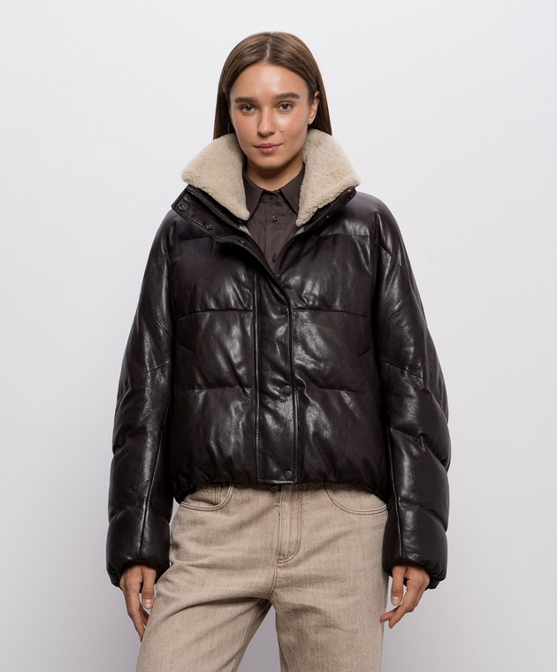 Brunello Cucinelli Коричнева шкіряна пухова куртка MPCTN7552 зображення 3