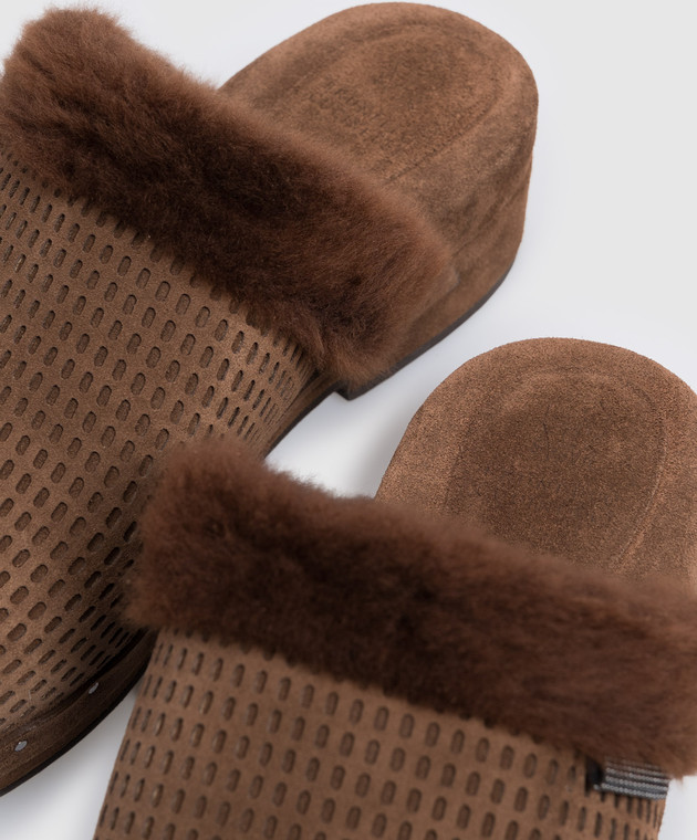 Brunello Cucinelli Коричневые замшевые сабо на меху MZSFC3341P изображение 5