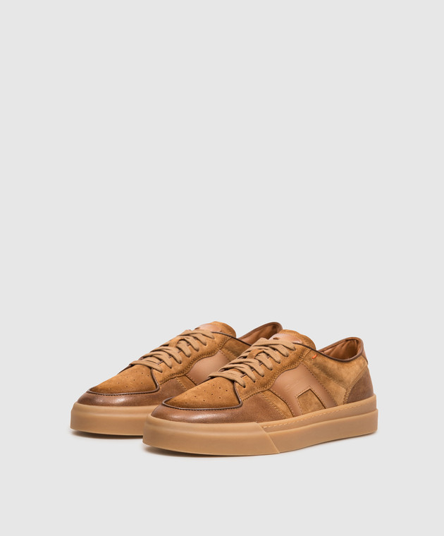 Santoni Коричневые кожаные кроссовки с патчем логотипа MBGT22221FARTGEU изображение 2