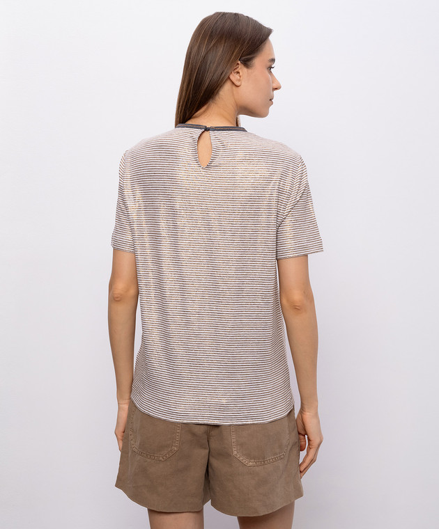 Brunello Cucinelli Бежевая футболка из льна в полоску MQ977DU500 изображение 4