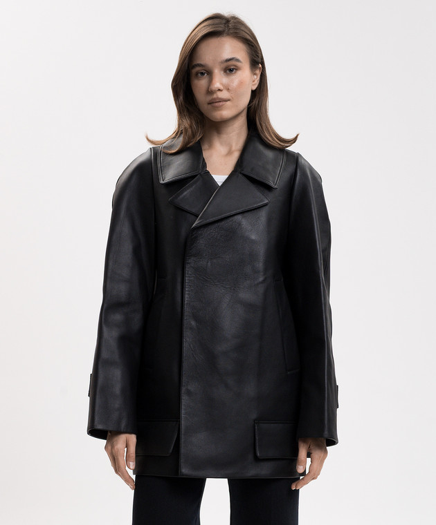 Victoria Beckham Чорна шкіряна двобортна куртка 1426LCT007639A зображення 3