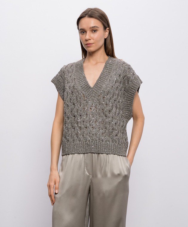 Brunello Cucinelli Жилет кольору хакі з шовком та льоном MEA371112 зображення 3