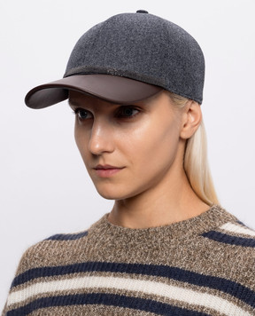 Brunello Cucinelli Серая кепка из шерсти с кожаным козырьком MCAP90223P