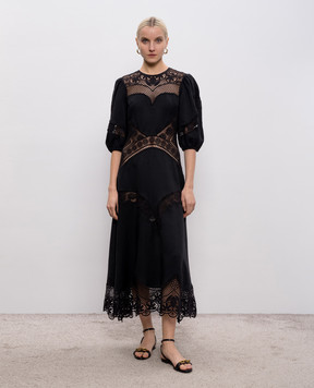 Twinset Чорна сукня з льоном з ажурними вставками 261TT2240
