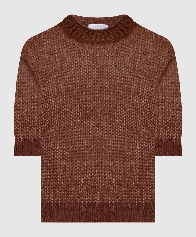 Brunello Cucinelli Коричневый свитер из кашемира и шелка с короткими рукавами MLC349310P