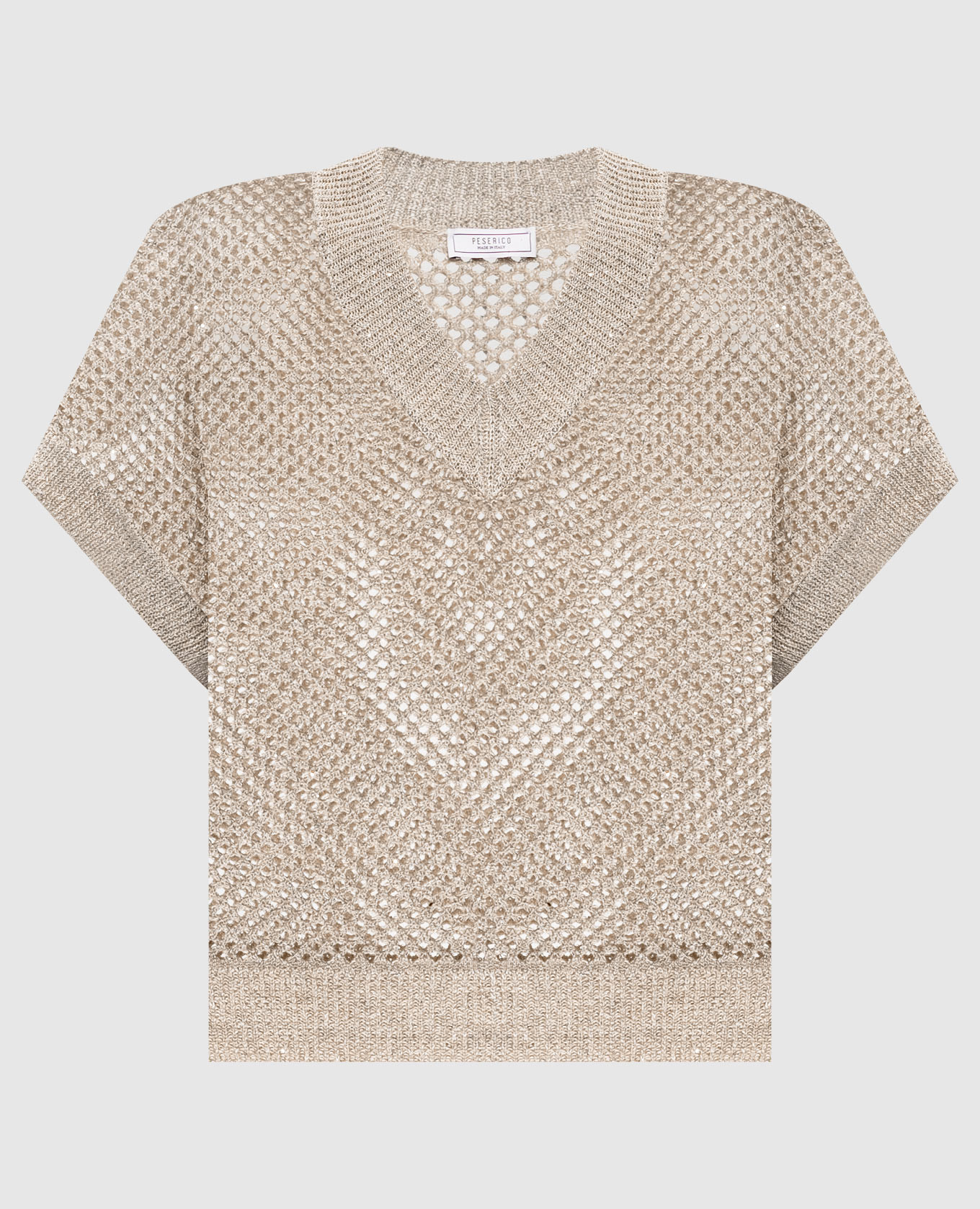 Бежевый ажурный жилет с леном с пайетками