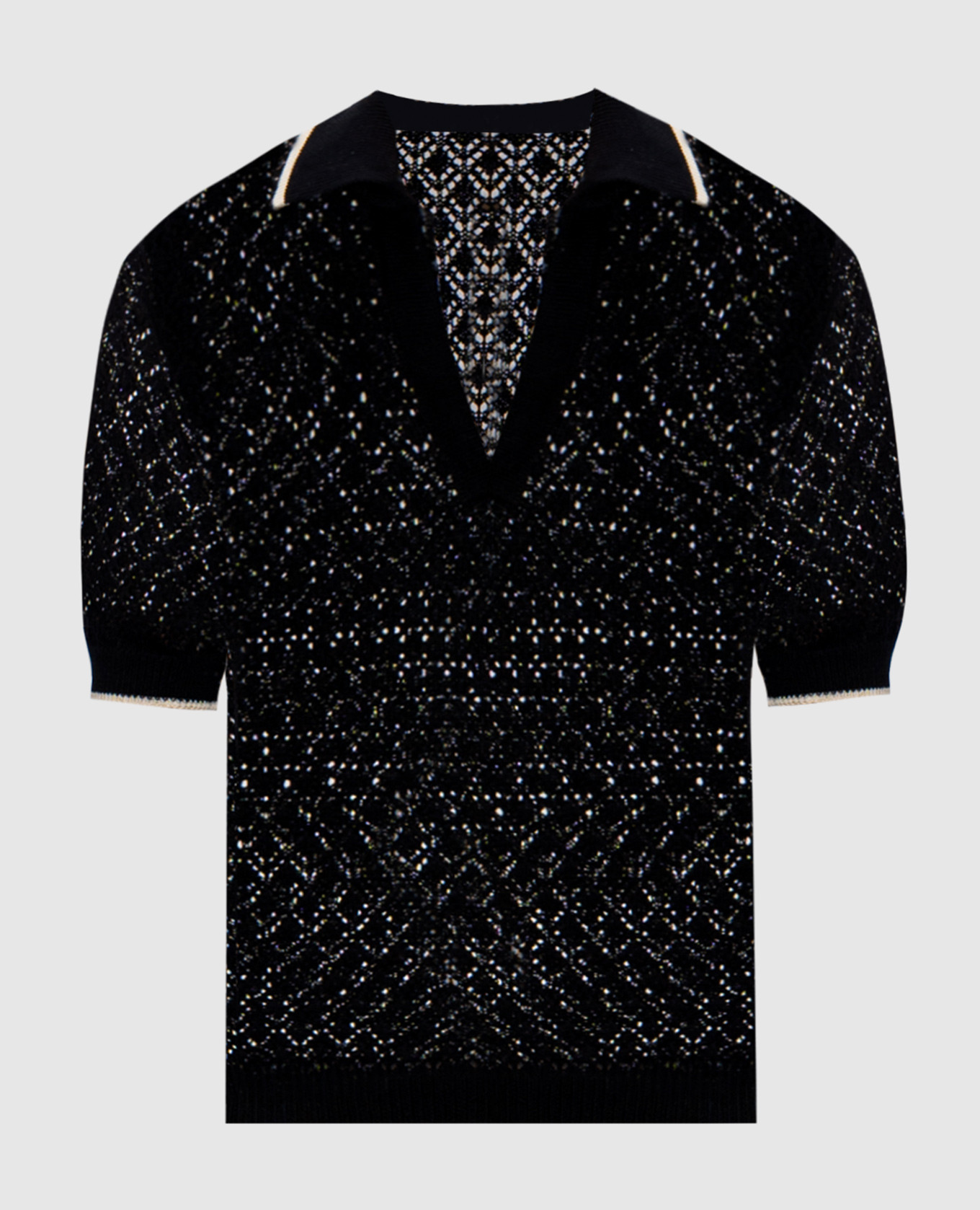 Чорний ажурний топ з коміром-поло