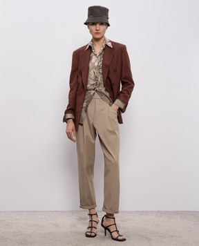 Brunello Cucinelli Блуза цвета хаки из шелка в принт MQ967RH206