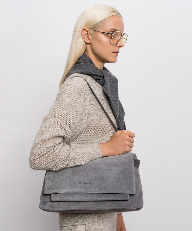 Brunello Cucinelli Серая замшевая сумка-сетчел с тиснением логотипа MBDLB2816 изображение 2