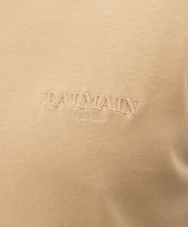 Balmain Бежевая футболка с вышивкой логотипа HH1EF000BD59 изображение 5