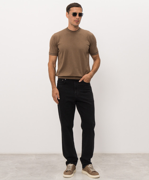 Bertolo Cashmere Коричневая футболка с контрастным окантованием 902204002056 изображение 2