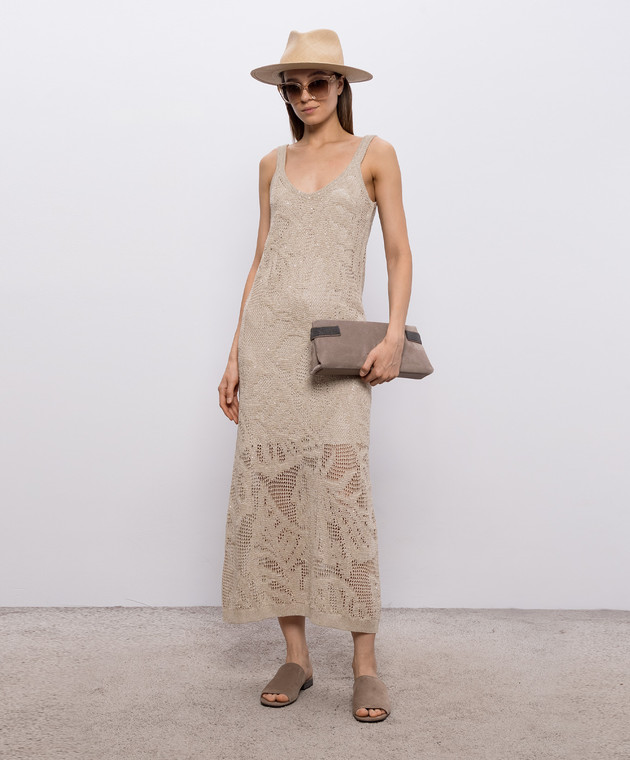 Brunello Cucinelli Бежева ажурна сукня з льоном з паєтками MDT771A92 зображення 2
