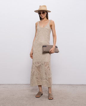 Brunello Cucinelli Бежева ажурна сукня з льоном з паєтками MDT771A92