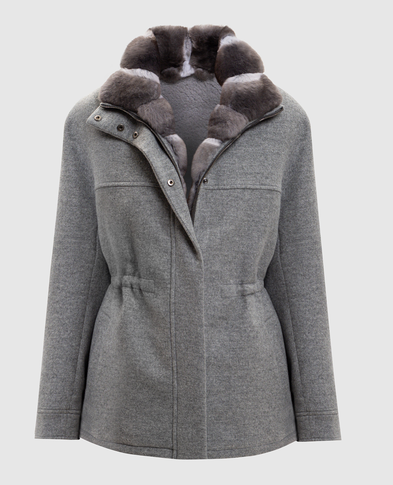 

Серый парк из кашемира с мехом шиншиллы и норки, Парки