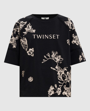 Twinset Черная футболка с цветочным принтом 261LM2SDD