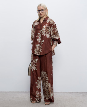 Brunello Cucinelli Коричневые брюки из шелка в принт MQ967P9229