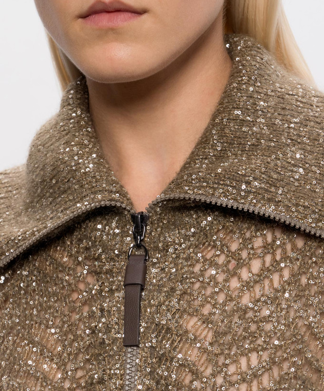 Brunello Cucinelli Ажурний кардиган кольору хакі з паєтками MRG562516 зображення 5