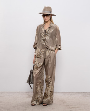 Brunello Cucinelli Блуза цвета хаки из шелка в принт MQ967RH206