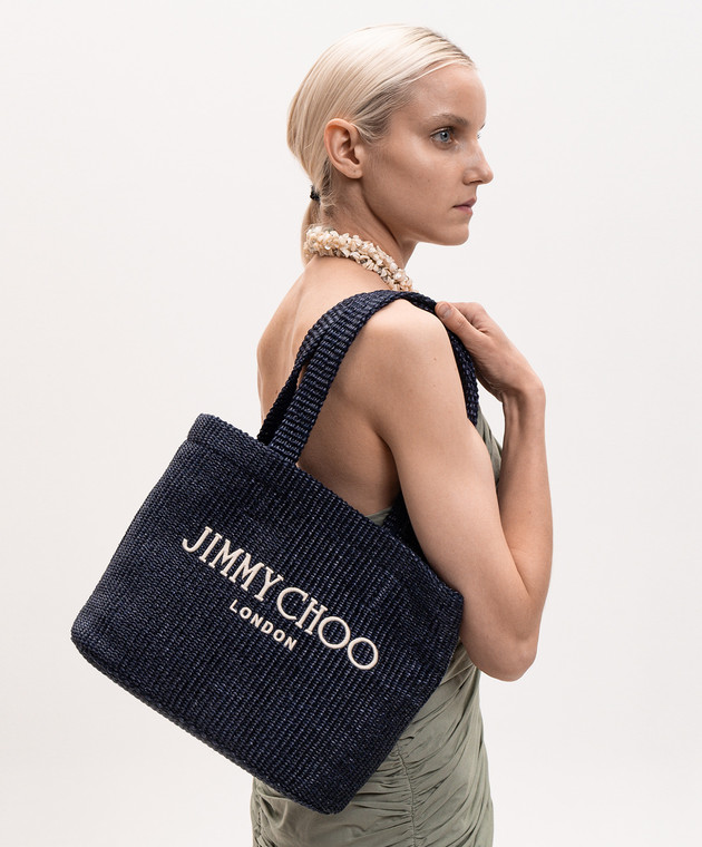 Jimmy Choo Синяя сумка-тоут из рафии East-West BEACHTOTEEWMJYN изображение 2
