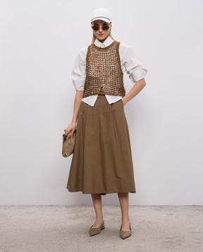 Brunello Cucinelli Коричневий ажурний топ із шовку та льону з паєтками MCBR11800